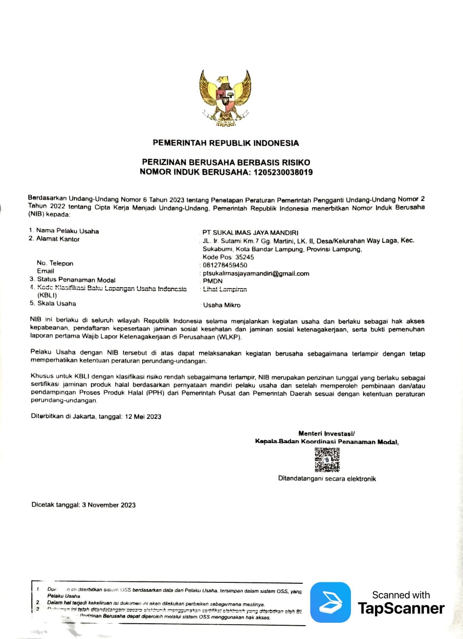 Dokumen perizinan usaha PT Sukalimas Jaya Mandiri